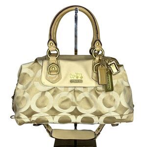 Coach Madison Audrey Handbag Purse Beige/Cream Gold Signature Monogram Authentic